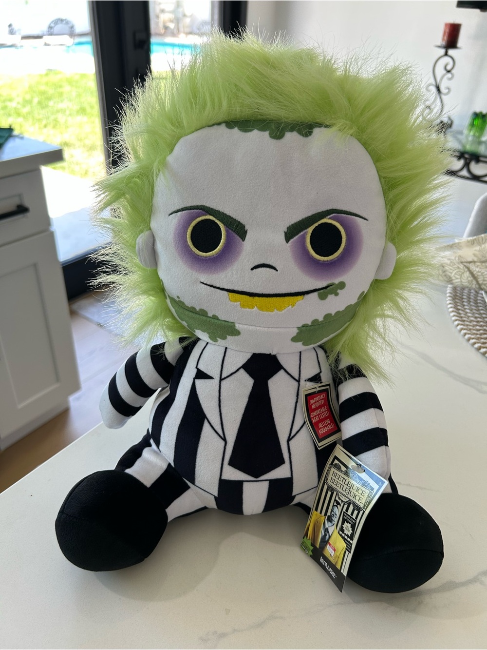 New Beetlejuice Plush Weighted Doll - Green Hair Black & White Striped 14”